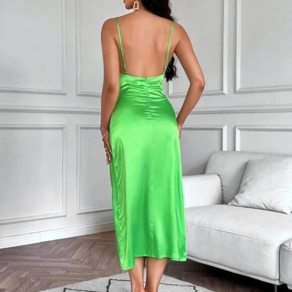 SATIN EFFECT DRESS WITH LACE NEONE GREEN SUMMER STYLES - Picture 6 of 6